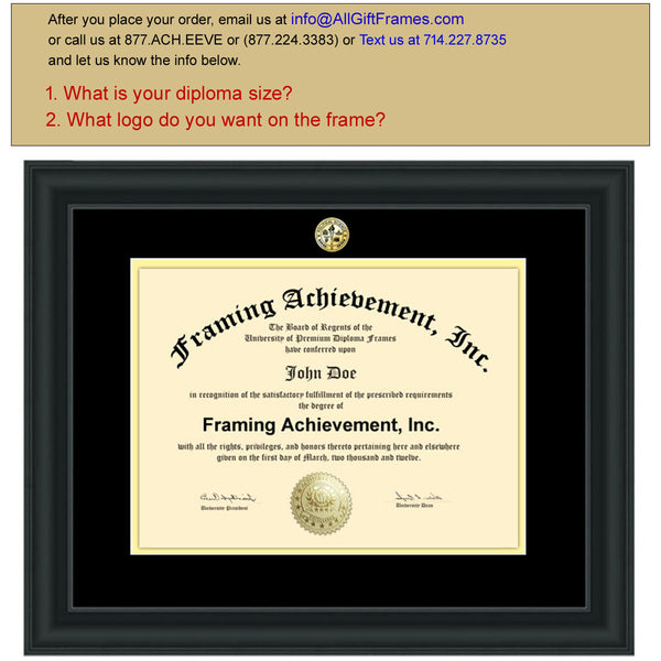 Diploma Frames University Certificate Frame - College Major Seal Logos Satin Matte Black Top matted Black Inner Gold Collegiate Degree Frame