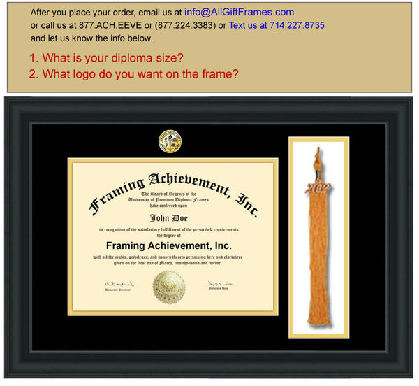 Graduation Tassel Frames - University Diploma Frames College Major Seal Logo Top mat Black Inner Gold Satin Matte Black Degree College Frame