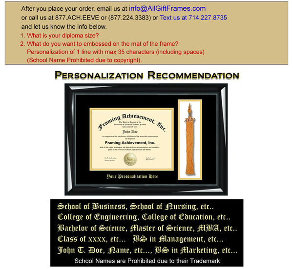 Tassel College Frames University Diploma Frame Top mat Black Inner mat Gold Personalized Gold Embossed Glossy Black Frame Graduation Gifts