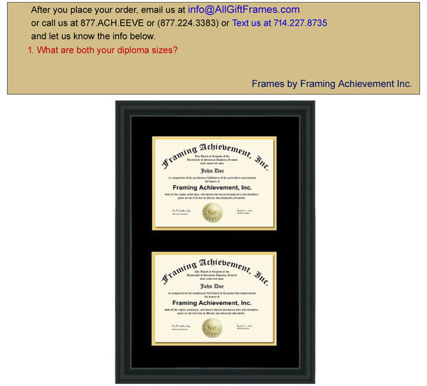 Double Diploma Frame Dual Certificate Frames Two Document Satin Rich Mahogany Top mat Black Inner matted Gold Double Document Plaque