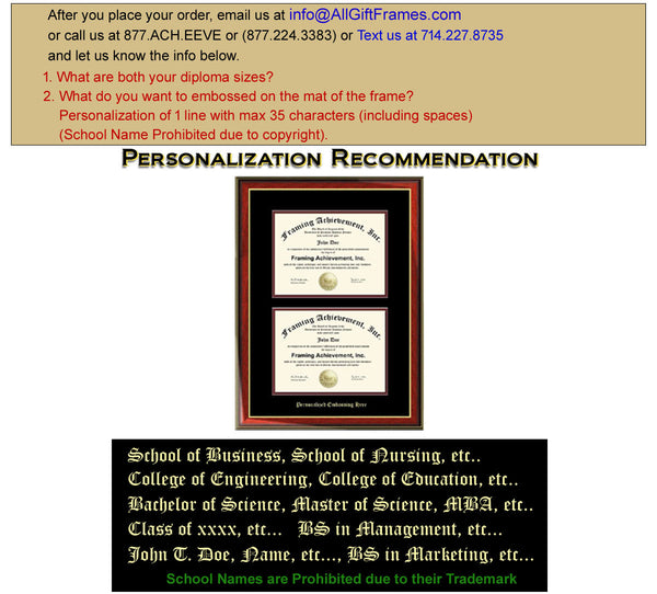 Dual Diploma Frame Double Certificate Frames Embossed Two Document Satin Rich Mahogany Gold Accents Top mat Black Inner matted Maroon