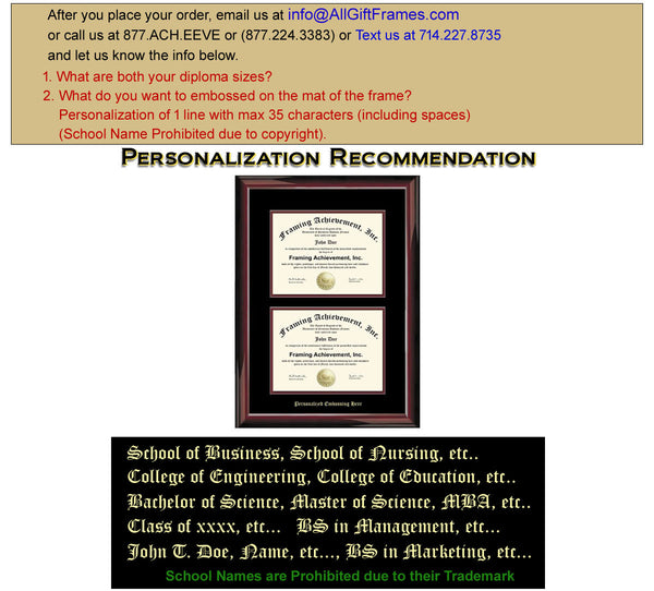 Double University Diploma Frame Double Degree Frames Embossed Two Document Glossy Mahogany Top mat Black Inner matted Maroon College Framing