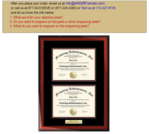 Double Graduation Diploma Frame Engraved Dual Certificate College Frames Satin Rich Mahogany Top mat Black Inner matted Maroon Document