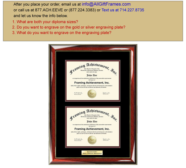 Dual Certificate Frames Double Diploma Graduation Frame Engraved Glossy Prestige Mahogany Gold Accents Top mat Black Inner matted Maroon