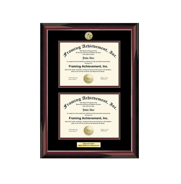 Double University Frames Two Diploma Graduation Engraved College Major Logo Glossy Traditional Mahogany Top mat Black Inner matted Maroon