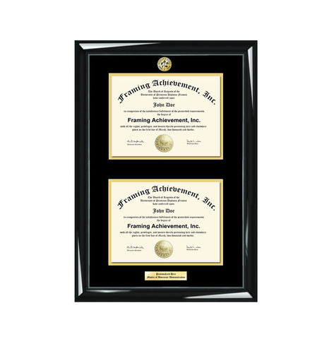 Graduation Double Diploma Frame Engraved University Degree Major Logo Glossy Majestic Black Top mat Black Inner matted Gold Dual Certificate