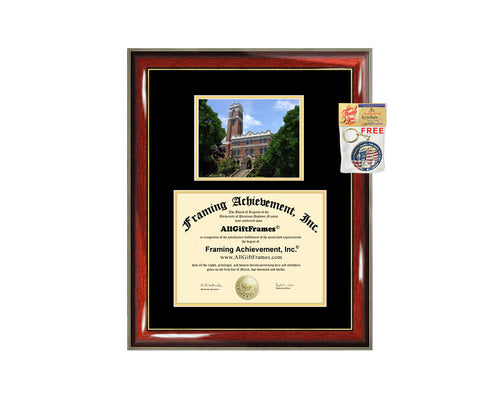 A Vanderbilt University diploma frame with a campus photo, featuring a gold and black mat, a backboard, and a seal of the university.