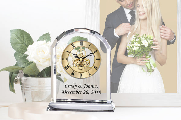 Diamond Cut Marquee Arch Clear Crystal Personalized Clock with Black Etching Colorfill Gear Premium Desk Timepiece Display Glass Birthday Anniversary Wedding Gift