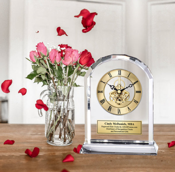 Engraved Desk Crystal Clock Employee Service Award Recognition Anniversary Wedding Gift Present Gear Engineer Graduation Mantel Table Arch
