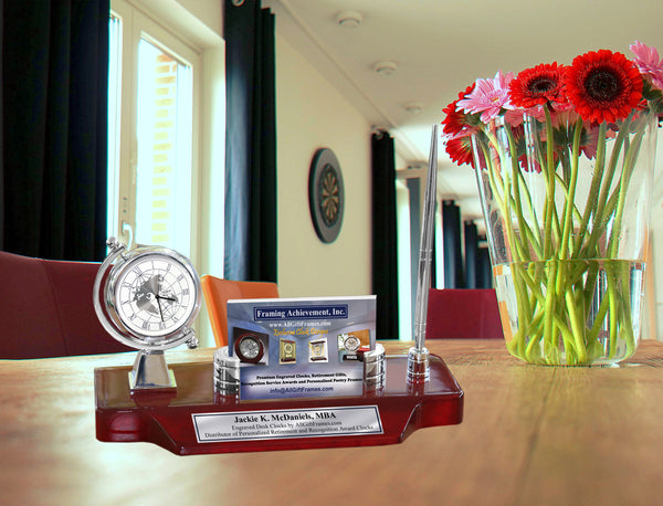 Spinning Silver Desk Clock Engrave Name Plate Business Card Holder Case Desktop Stand Display Pen Compsny Base Corporate Logo Retirement Graduation Employee Gift Promotion Award