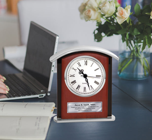 Silver Engrave Personalized Clock Etched Engraving Plate Etched Retirement Service Award Coworker Boss Gift Present Housewarming Tabletop