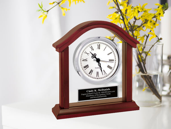 Wood Glass Engraved Clock Silver Engraving Plate Shelf Etched Graduation Gift Employee Service Award Retiree Present Graduate Etched Present